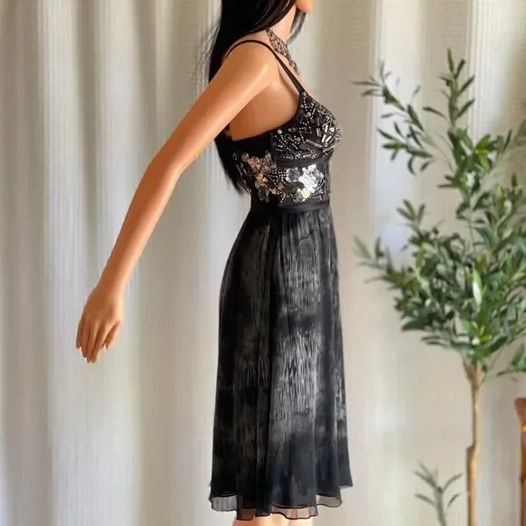 Vintage Y2K Mandalay Silk Embellished Black Dress Beaded Bust Cocktail Midi  Sz 2